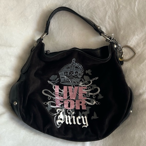 Juicy Couture Y2K “Live for Juicy” black velour bag 🖤🩷🩶 - Picture 12 of 12